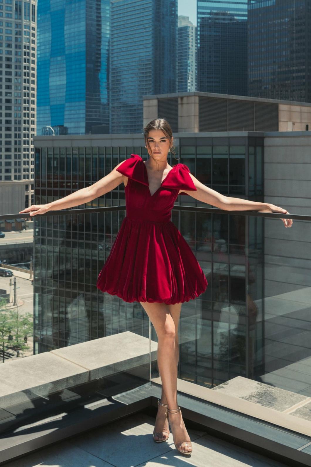 Cocktail Dresses | Women Mac Duggal Shoulder Bow Velvet Bubble Mini Dress Berry