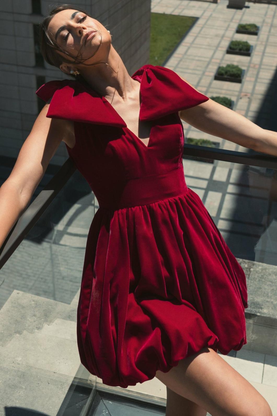 Cocktail Dresses | Women Mac Duggal Shoulder Bow Velvet Bubble Mini Dress Berry