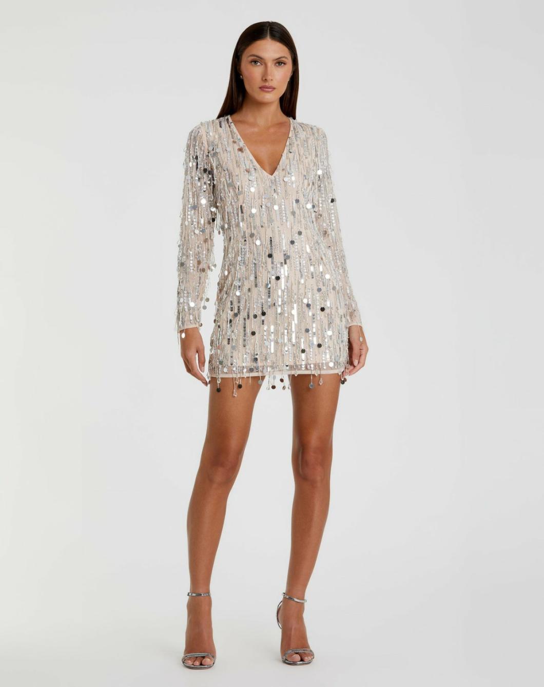 Cocktail Dresses | Women Mac Duggal Silver Long Sleeve Beaded Fringe Plunge Neck Dress Nude Silver