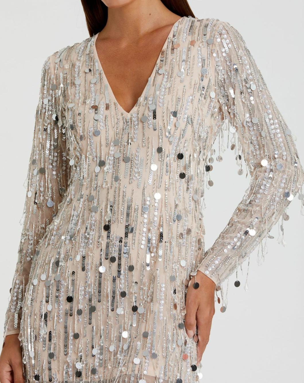 Cocktail Dresses | Women Mac Duggal Silver Long Sleeve Beaded Fringe Plunge Neck Dress Nude Silver