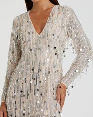 Cocktail Dresses | Women Mac Duggal Silver Long Sleeve Beaded Fringe Plunge Neck Dress Nude Silver