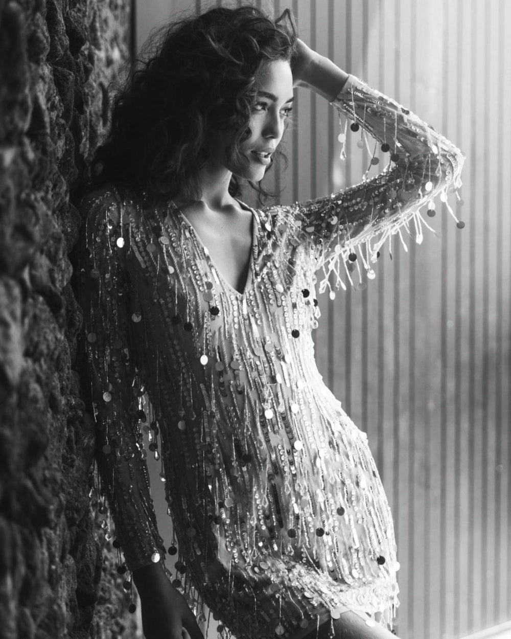 Cocktail Dresses | Women Mac Duggal Silver Long Sleeve Beaded Fringe Plunge Neck Dress Nude Silver