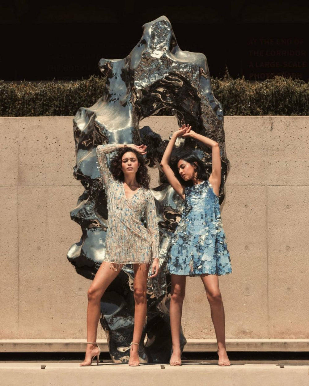 Cocktail Dresses | Women Mac Duggal Silver Long Sleeve Beaded Fringe Plunge Neck Dress Nude Silver