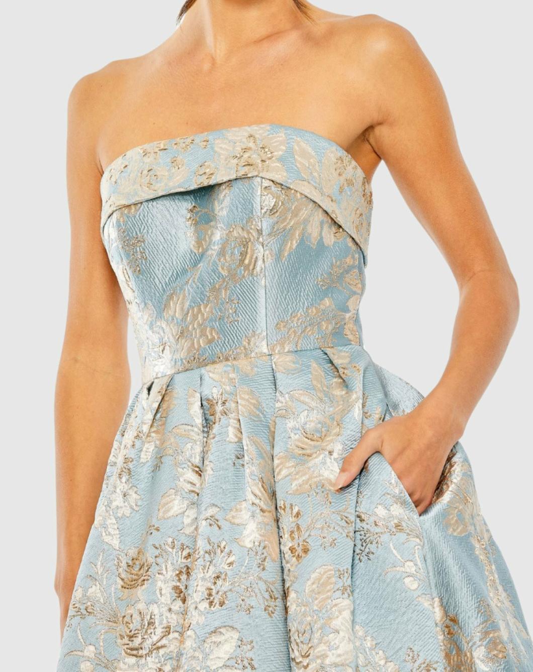Cocktail Dresses | Women Mac Duggal Strapless Brocade Midi Dress With Pockets Blue Multi