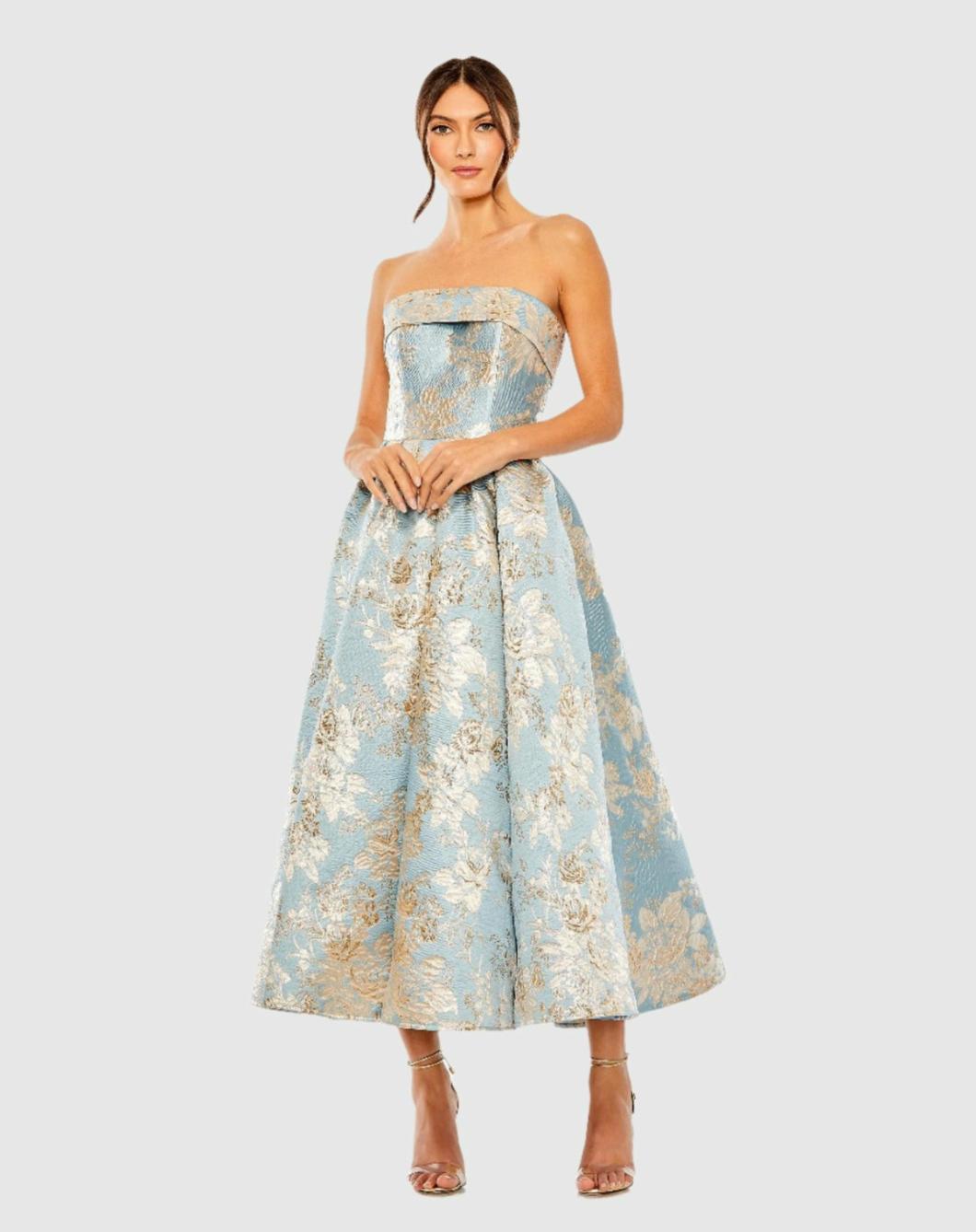Cocktail Dresses | Women Mac Duggal Strapless Brocade Midi Dress With Pockets Blue Multi