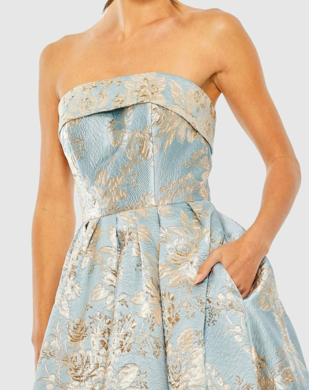 Cocktail Dresses | Women Mac Duggal Strapless Brocade Midi Dress With Pockets Blue Multi