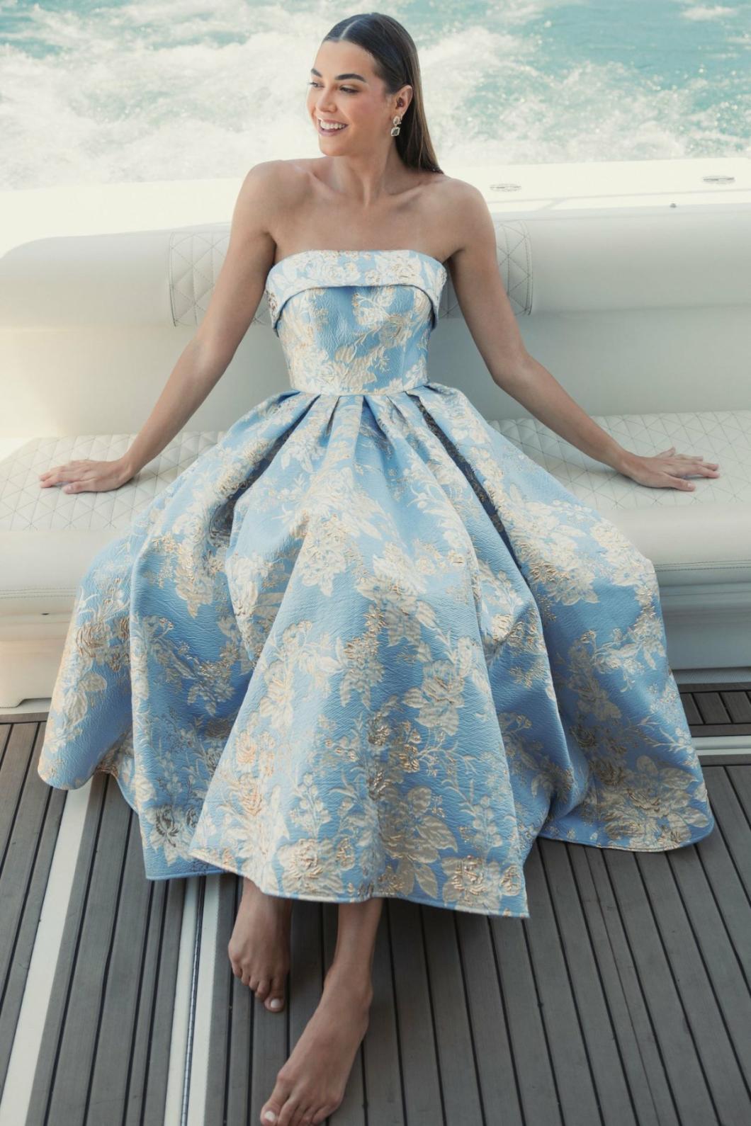 Cocktail Dresses | Women Mac Duggal Strapless Brocade Midi Dress With Pockets Blue Multi