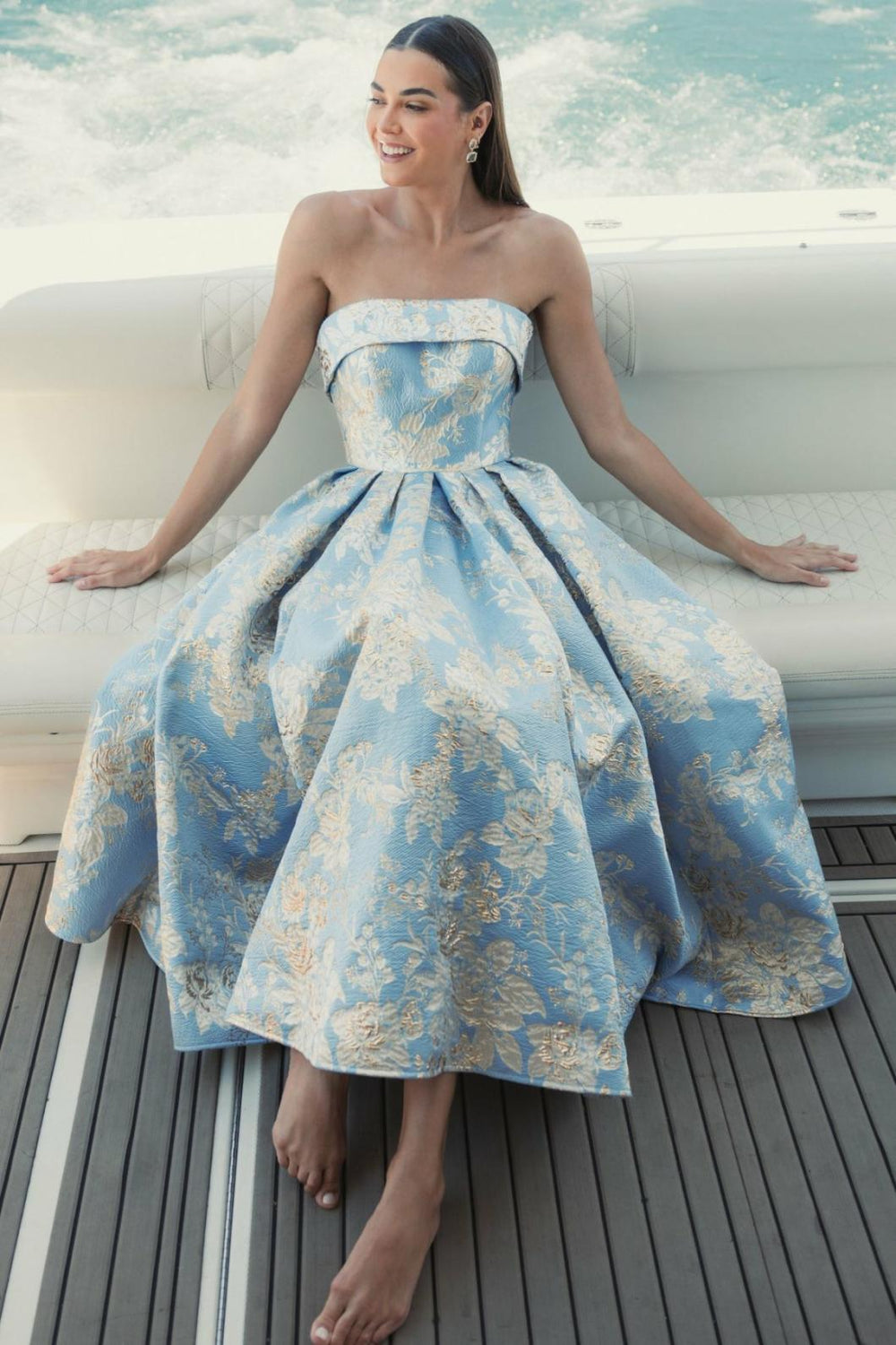 Cocktail Dresses | Women Mac Duggal Strapless Brocade Midi Dress With Pockets Blue Multi