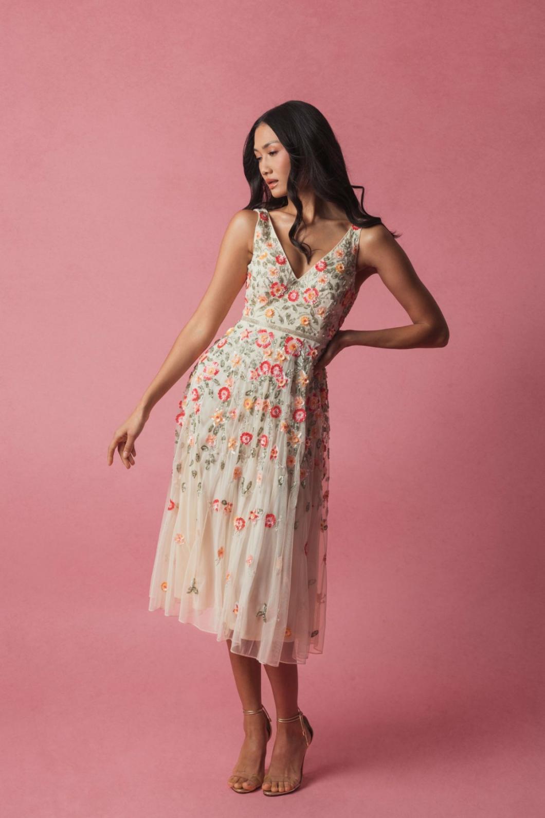 Cocktail Dresses | Women Mac Duggal V-neck Sleeveless Midi Floral Beaded A-line Dress Midnight Multi