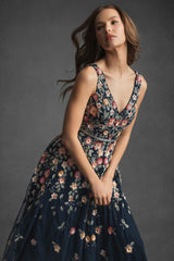 Cocktail Dresses | Women Mac Duggal V-neck Sleeveless Midi Floral Beaded A-line Dress Midnight Multi