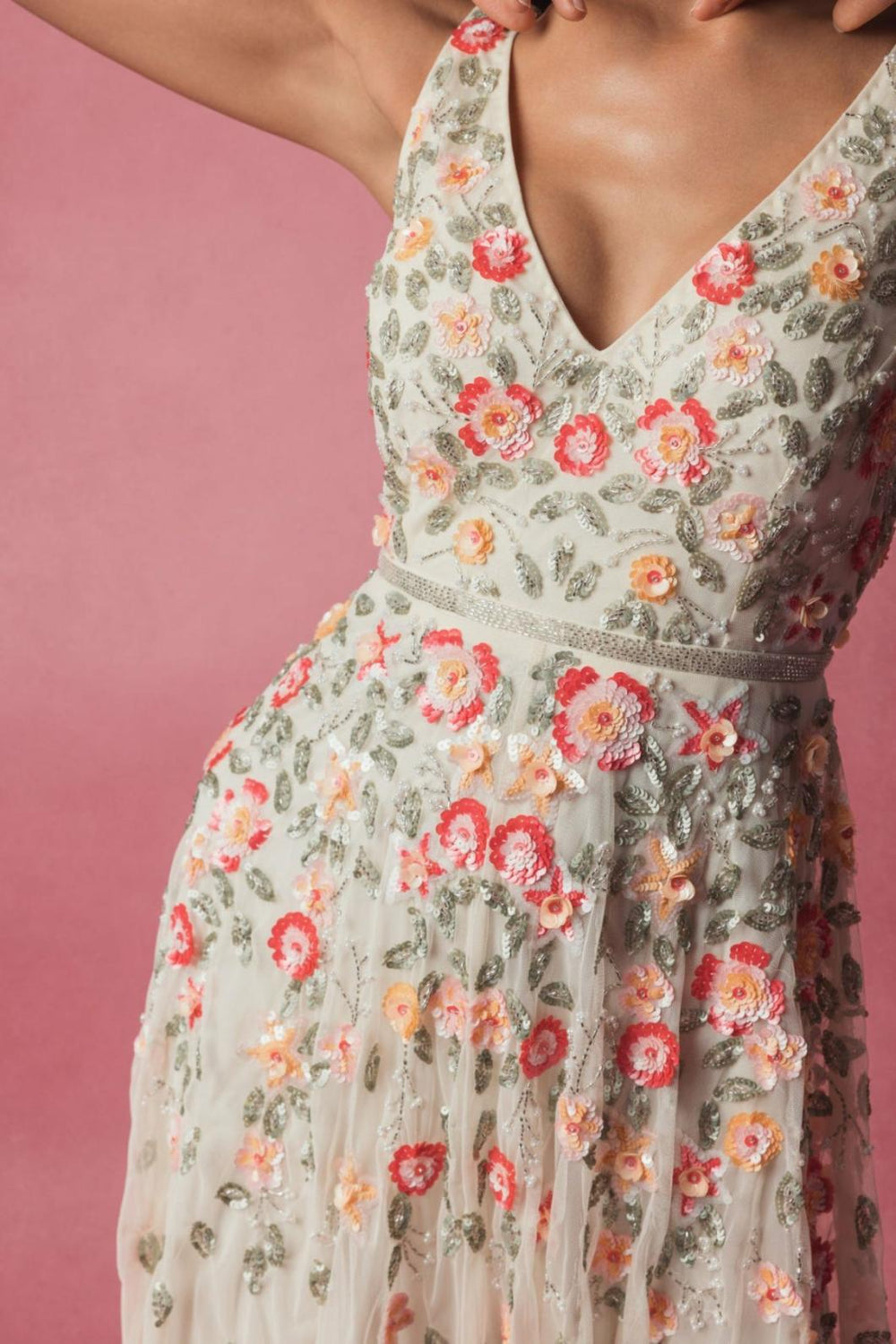 Cocktail Dresses | Women Mac Duggal V-neck Sleeveless Midi Floral Beaded A-line Dress Midnight Multi