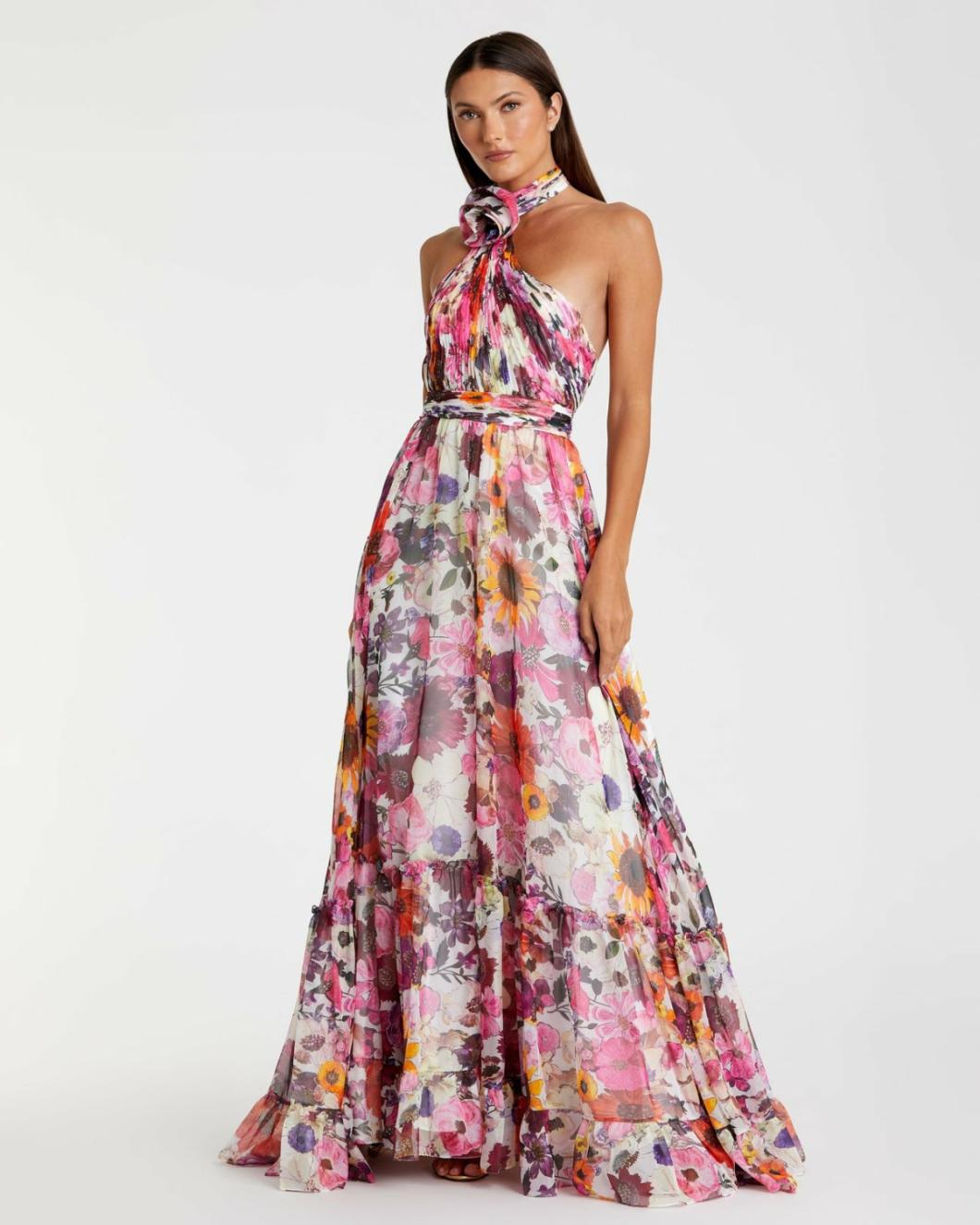 Daytime Dresses | Women Mac Duggal Asymmetrical Ruffled Halter Floral Gown White Multi