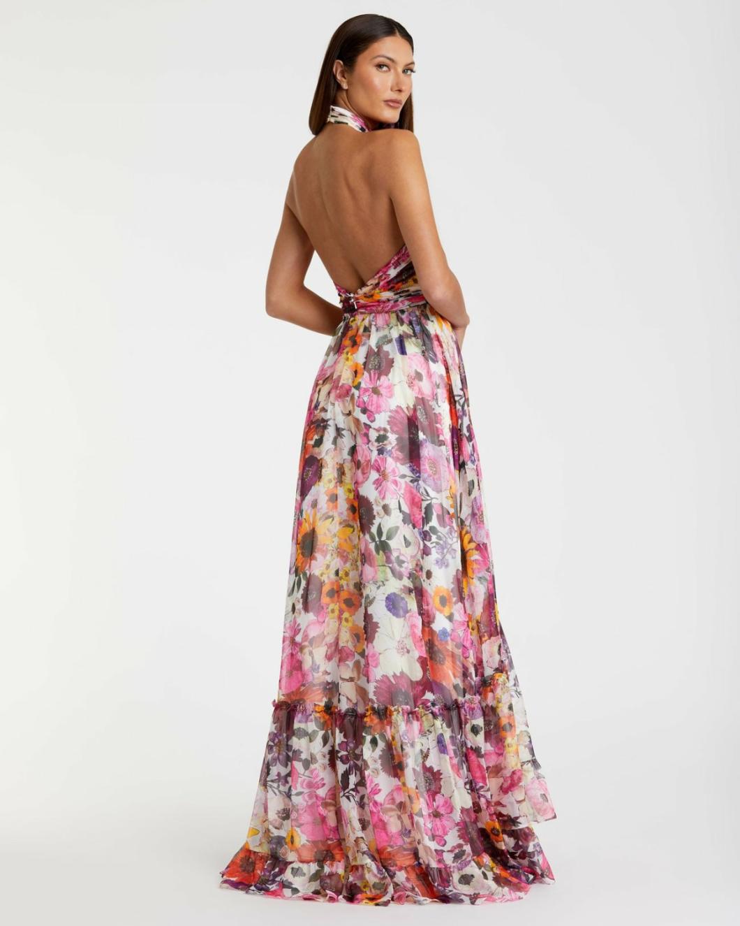 Daytime Dresses | Women Mac Duggal Asymmetrical Ruffled Halter Floral Gown White Multi