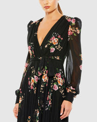 Daytime Dresses | Women Mac Duggal Belted Floral Print Illusion Long Sleeve Gown Black Multi