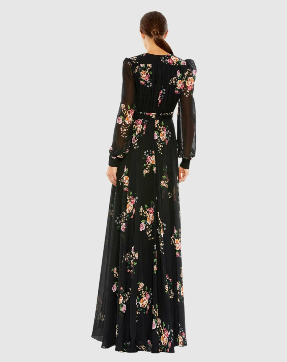 Daytime Dresses | Women Mac Duggal Belted Floral Print Illusion Long Sleeve Gown Black Multi