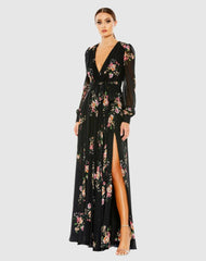 Daytime Dresses | Women Mac Duggal Belted Floral Print Illusion Long Sleeve Gown Black Multi