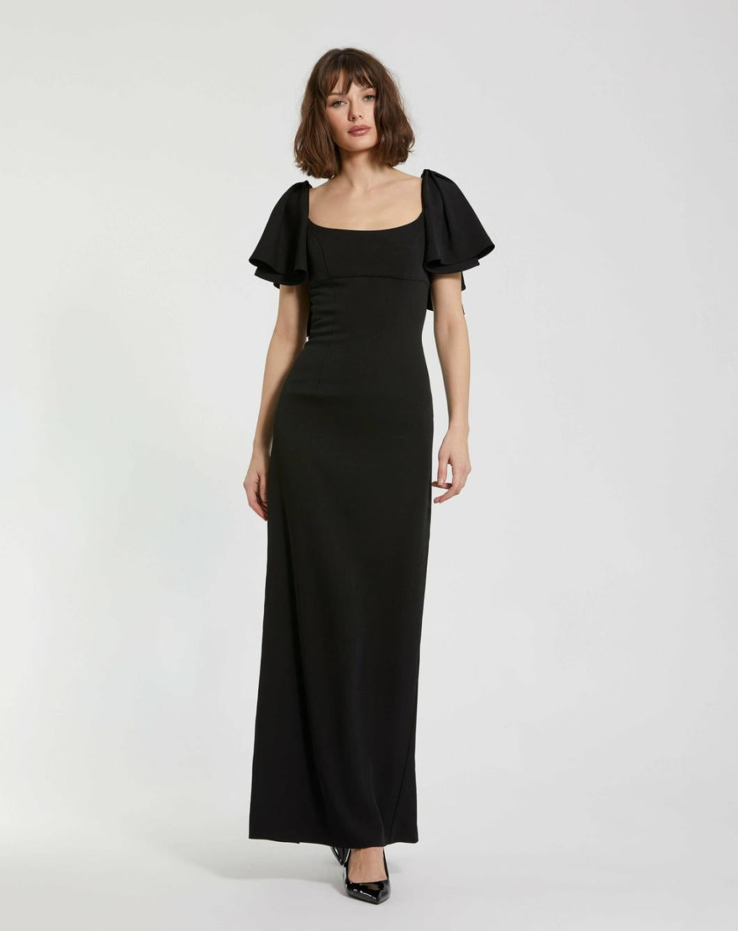 Daytime Dresses | Women Mac Duggal Black Crepe Fitted Long Dress With Short Ruffle Sleeves Black