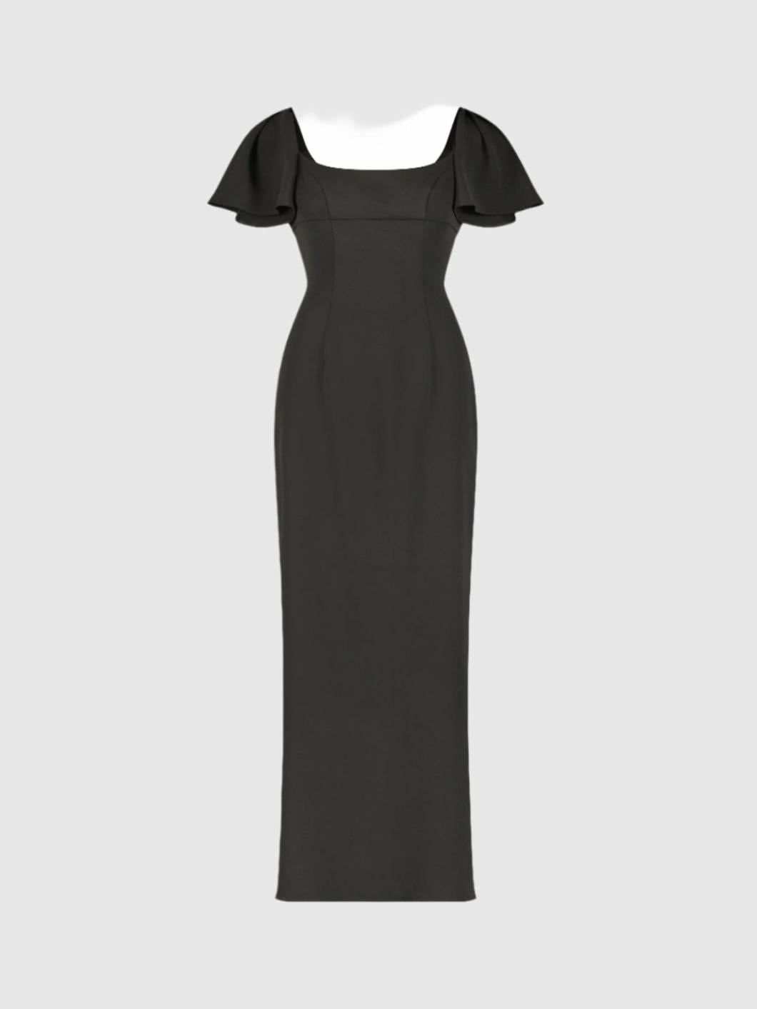 Daytime Dresses | Women Mac Duggal Black Crepe Fitted Long Dress With Short Ruffle Sleeves Black