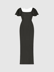 Daytime Dresses | Women Mac Duggal Black Crepe Fitted Long Dress With Short Ruffle Sleeves Black