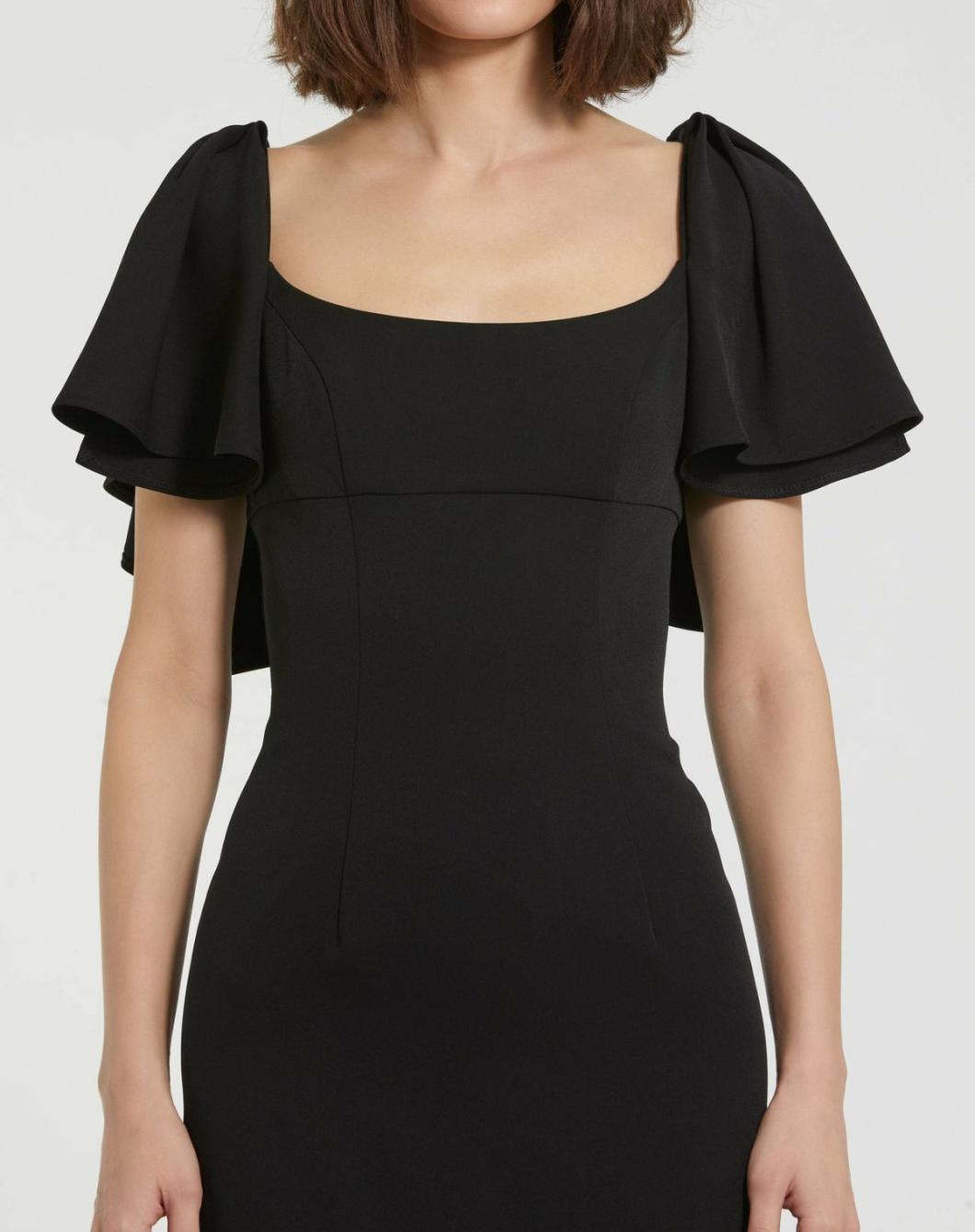 Daytime Dresses | Women Mac Duggal Black Crepe Fitted Long Dress With Short Ruffle Sleeves Black