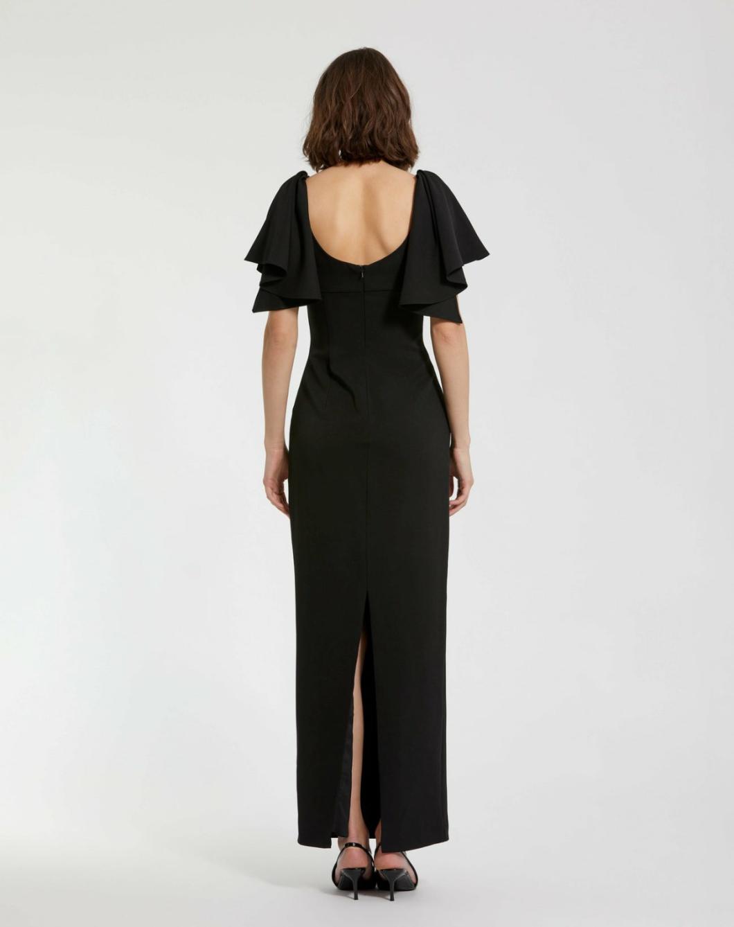 Daytime Dresses | Women Mac Duggal Black Crepe Fitted Long Dress With Short Ruffle Sleeves Black