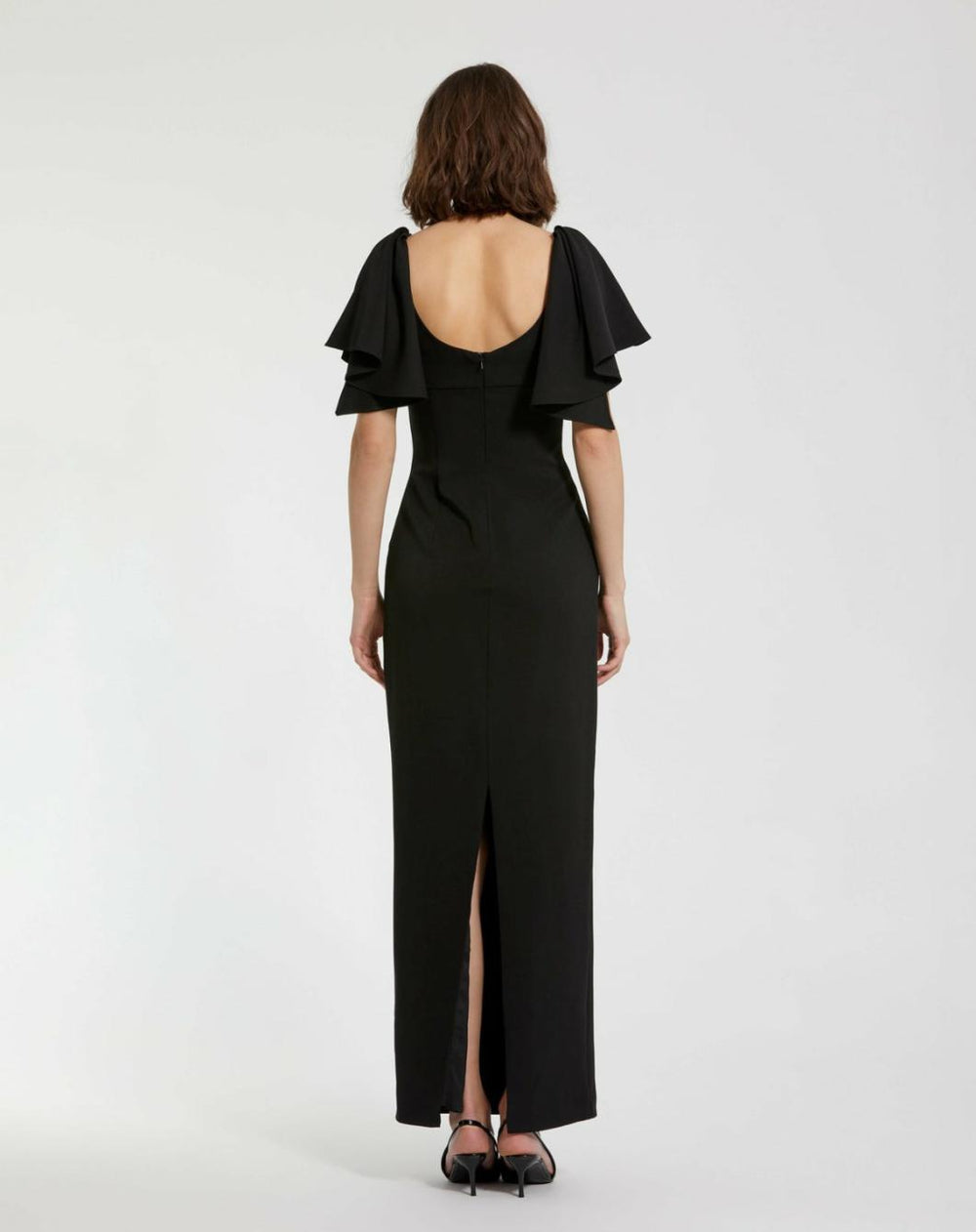 Daytime Dresses | Women Mac Duggal Black Crepe Fitted Long Dress With Short Ruffle Sleeves Black