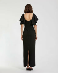 Daytime Dresses | Women Mac Duggal Black Crepe Fitted Long Dress With Short Ruffle Sleeves Black