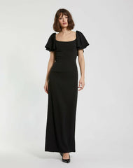 Daytime Dresses | Women Mac Duggal Black Crepe Fitted Long Dress With Short Ruffle Sleeves Black