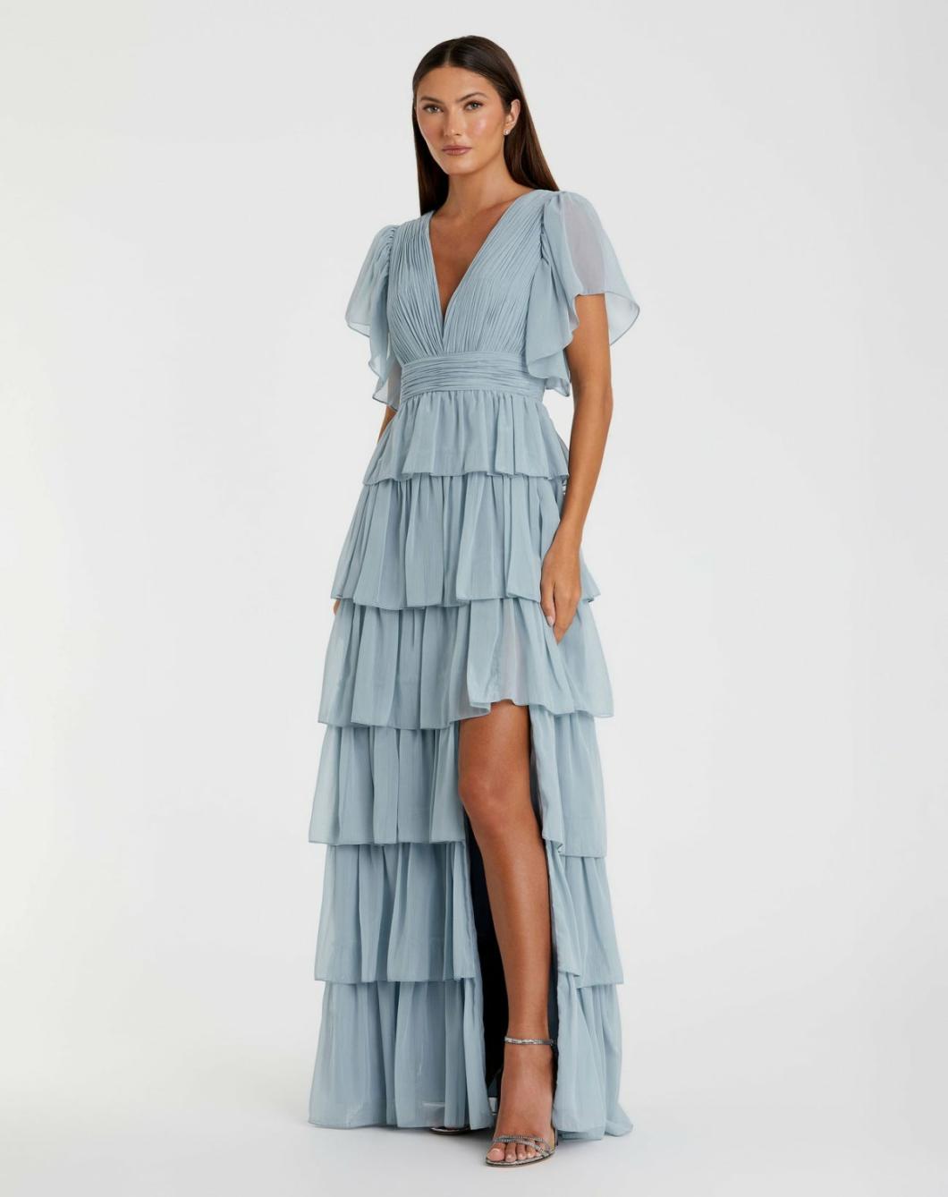 Daytime Dresses | Women Mac Duggal Blue Flutter Sleeve Ruffle Tiered Gown Slate Blue