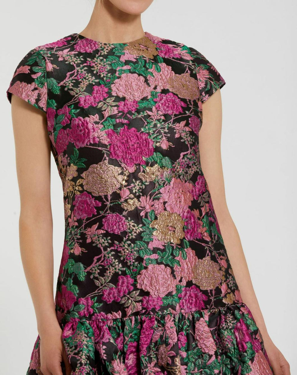 Daytime Dresses | Women Mac Duggal Brocade Cap Sleeve Mini Dress With Ruffle Hem Black Multi