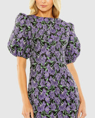 Daytime Dresses | Women Mac Duggal Bubble Sleeve Brocade Mini Dress Purple Multi