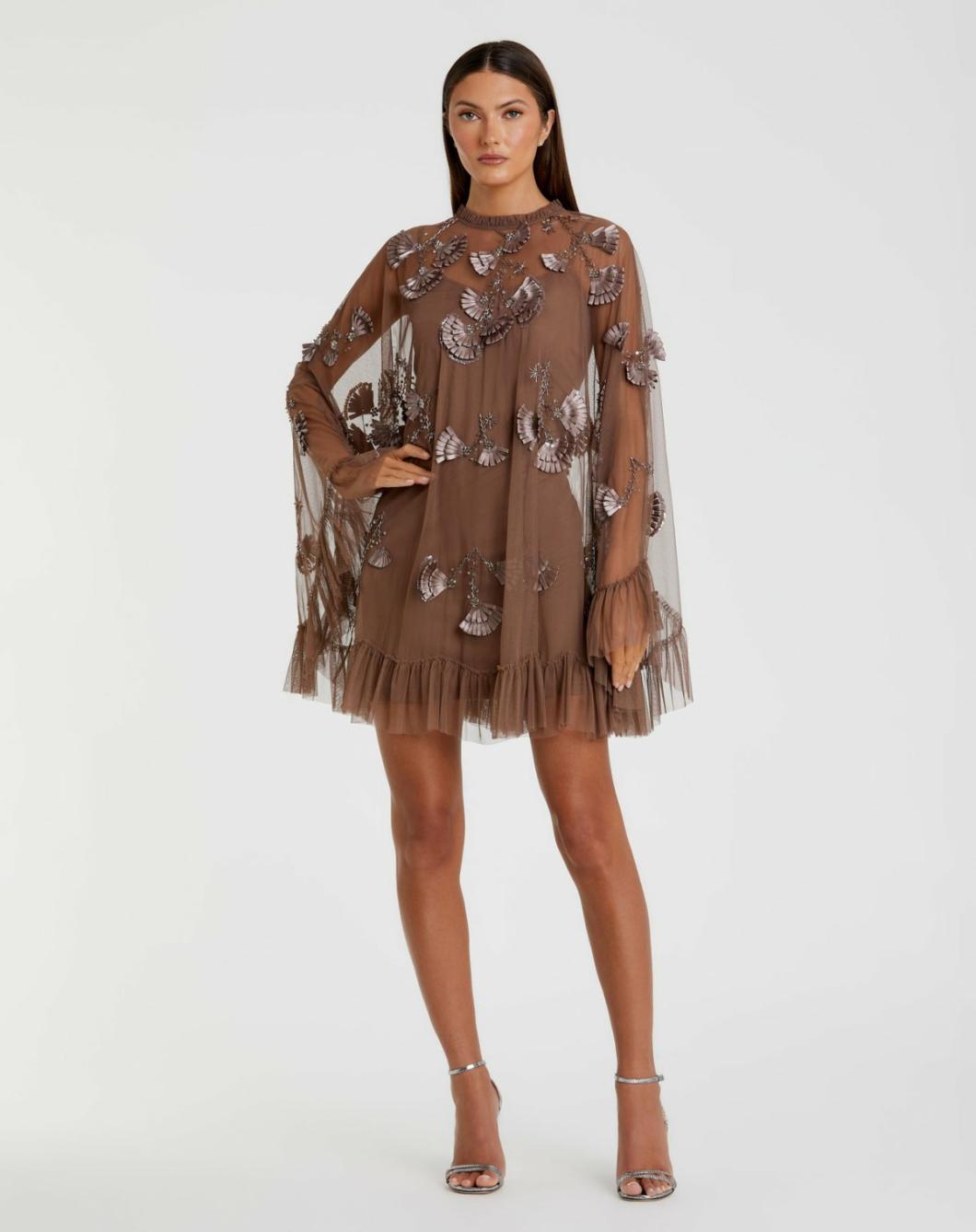 Daytime Dresses | Women Mac Duggal Chocolate Embellished Long Flare Sleeve Mesh A-Line Dress Chocolate