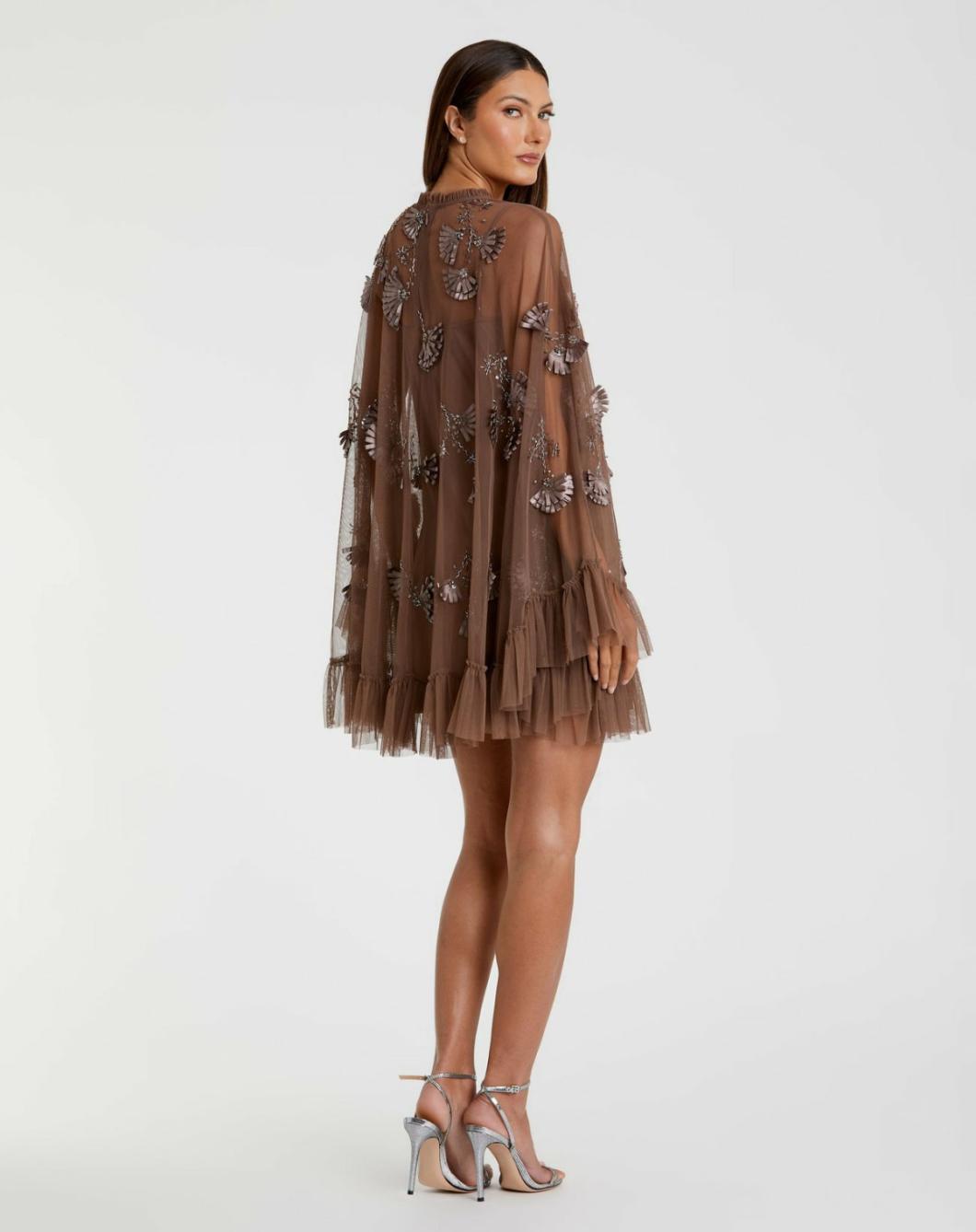 Daytime Dresses | Women Mac Duggal Chocolate Embellished Long Flare Sleeve Mesh A-Line Dress Chocolate