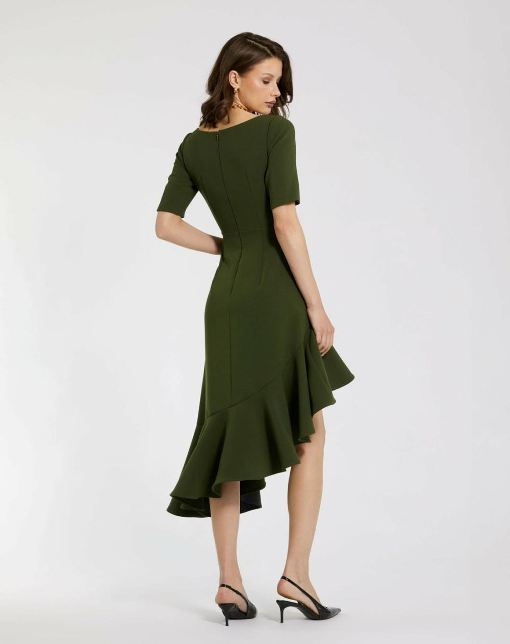 Daytime Dresses | Women Mac Duggal Crepe 3/4 Sleeve Asymmetrical Hem Dress Dark Green