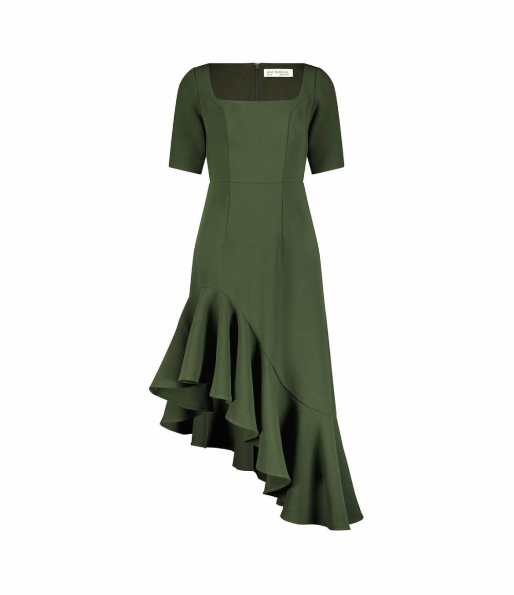 Daytime Dresses | Women Mac Duggal Crepe 3/4 Sleeve Asymmetrical Hem Dress Dark Green