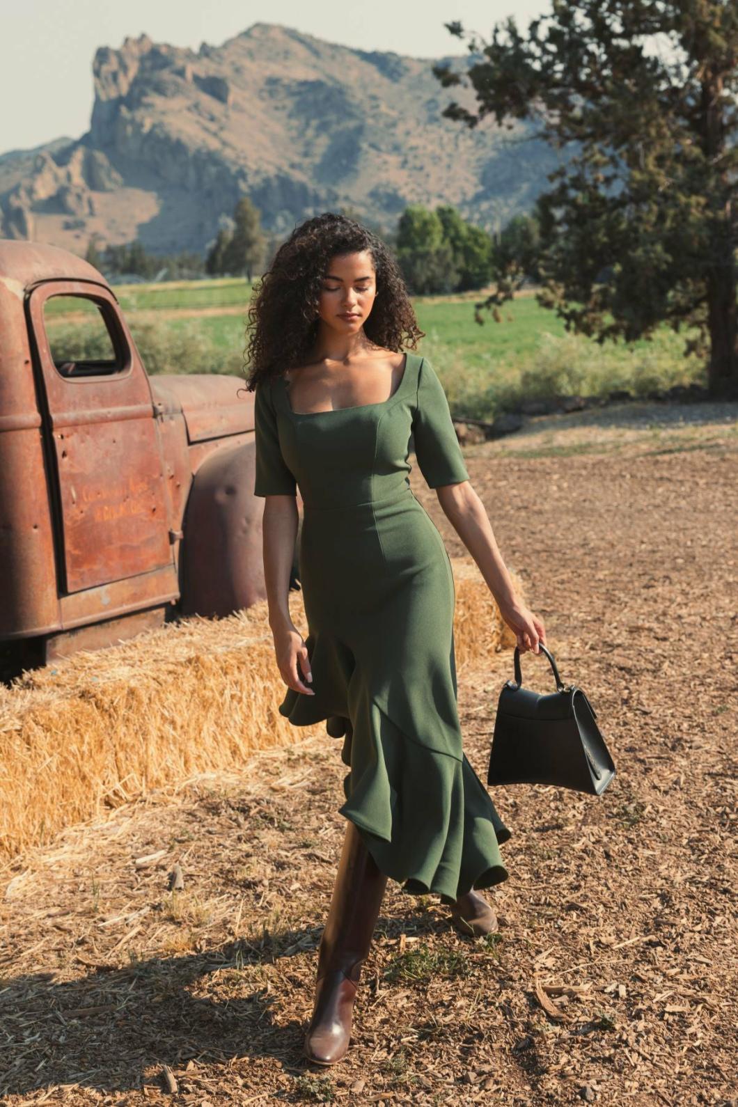 Daytime Dresses | Women Mac Duggal Crepe 3/4 Sleeve Asymmetrical Hem Dress Dark Green