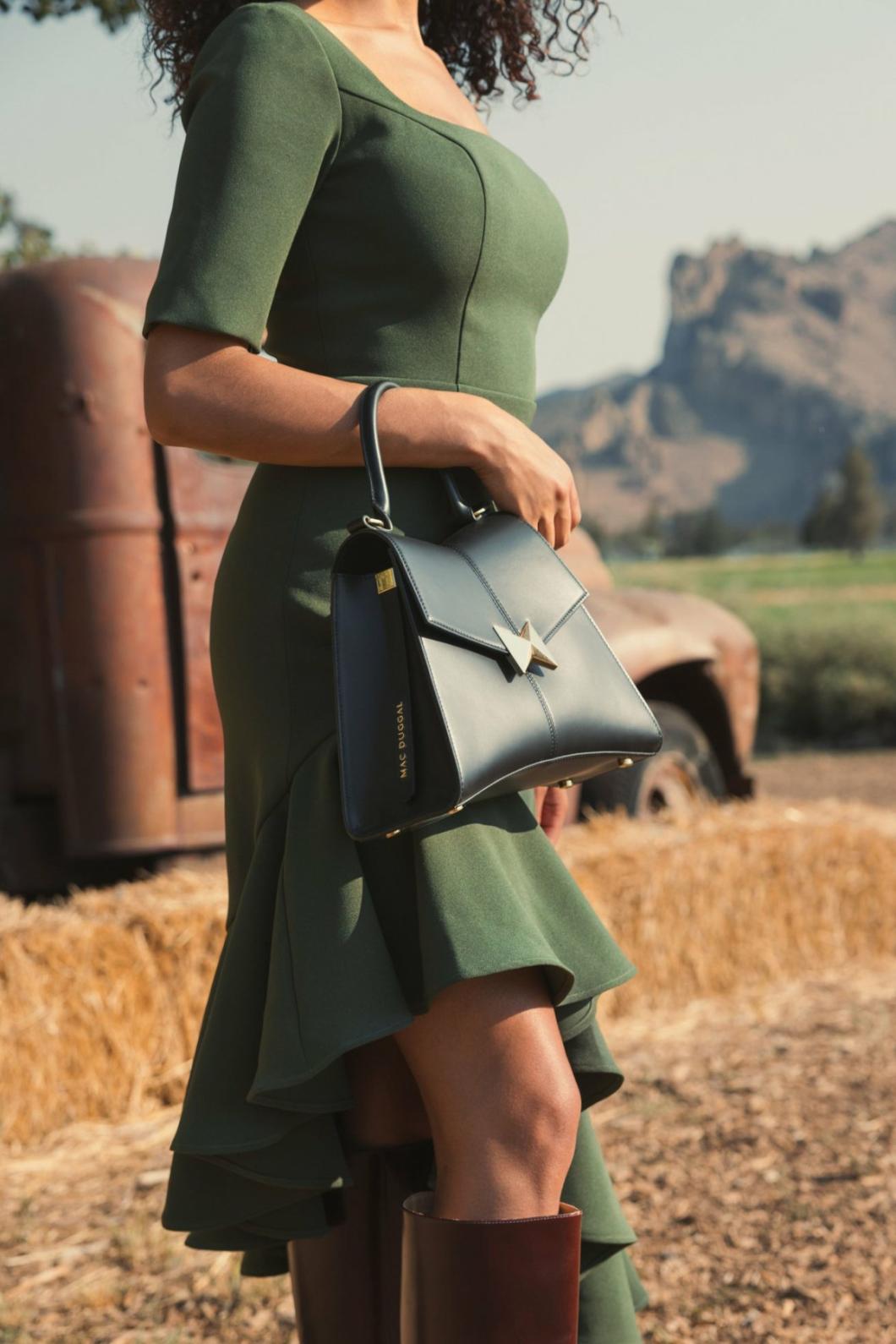 Daytime Dresses | Women Mac Duggal Crepe 3/4 Sleeve Asymmetrical Hem Dress Dark Green