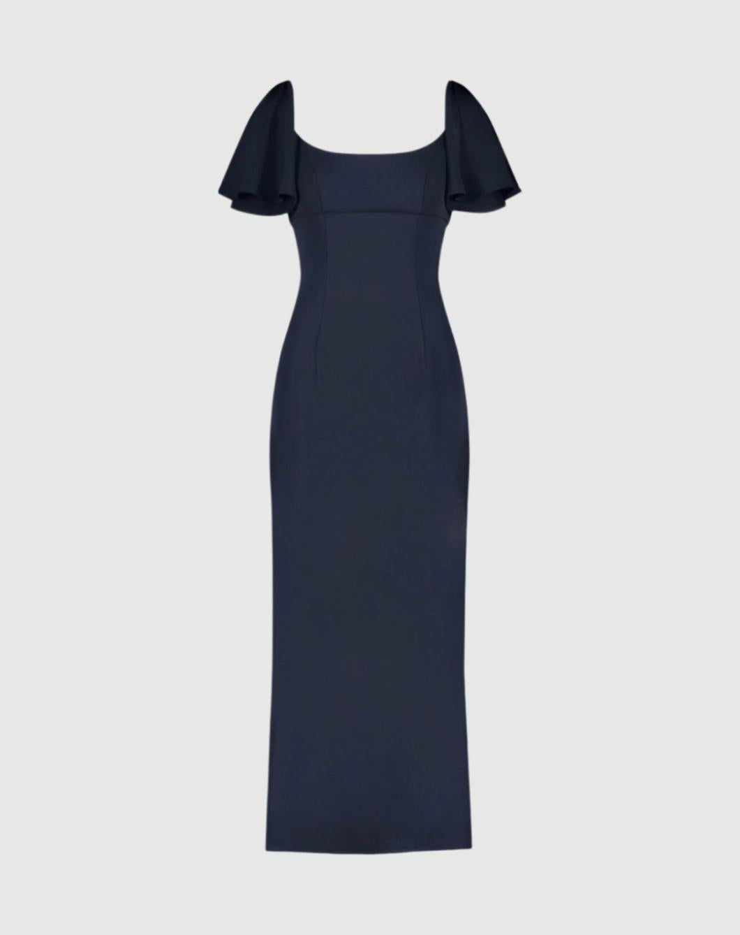 Daytime Dresses | Women Mac Duggal Crepe Fitted Column Dress With Short Ruffle Sleeves Navy