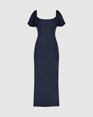Daytime Dresses | Women Mac Duggal Crepe Fitted Column Dress With Short Ruffle Sleeves Navy
