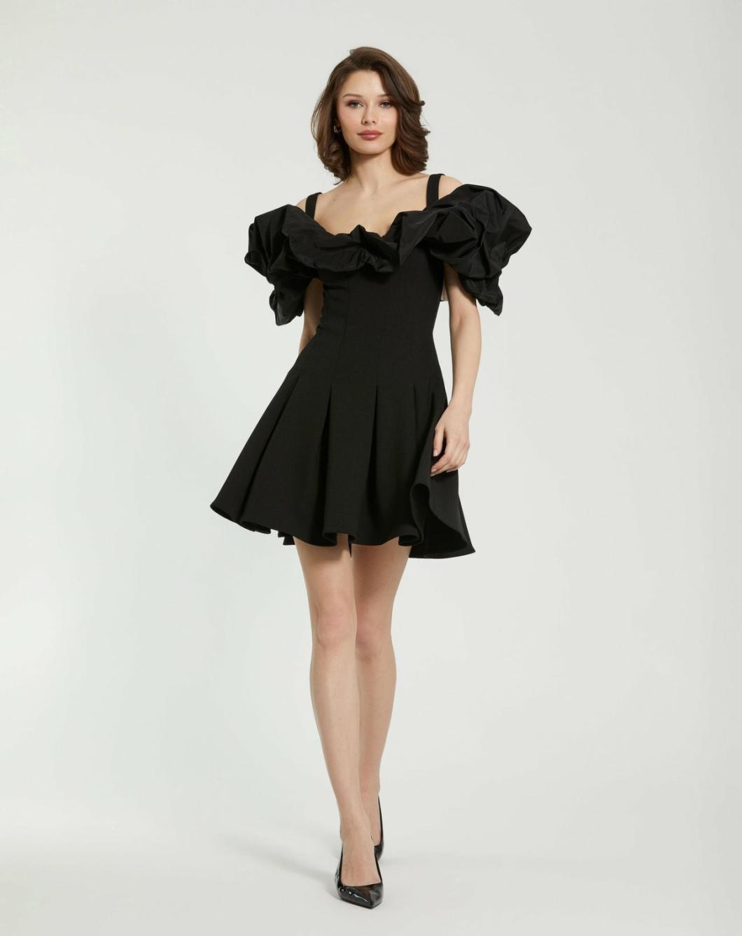 Daytime Dresses | Women Mac Duggal Crepe Godet Hem Mini Dress With Faille Ruffle Black