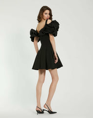 Daytime Dresses | Women Mac Duggal Crepe Godet Hem Mini Dress With Faille Ruffle Black