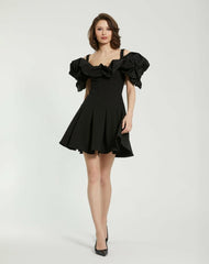 Daytime Dresses | Women Mac Duggal Crepe Godet Hem Mini Dress With Faille Ruffle Black