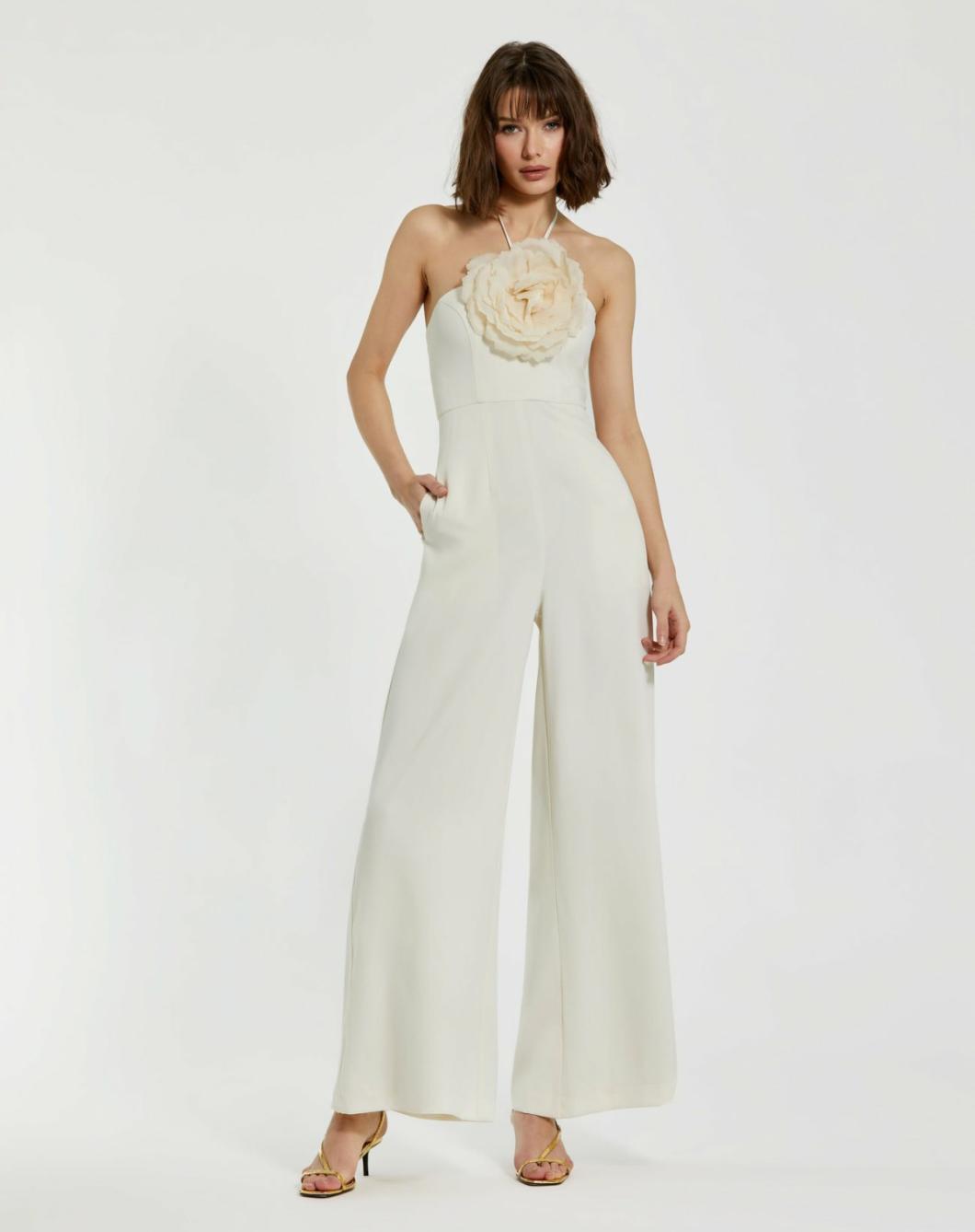 Daytime Dresses | Women Mac Duggal Crepe Halter Neck Jumpsuit With Flower Ivory