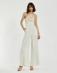 Daytime Dresses | Women Mac Duggal Crepe Halter Neck Jumpsuit With Flower Ivory
