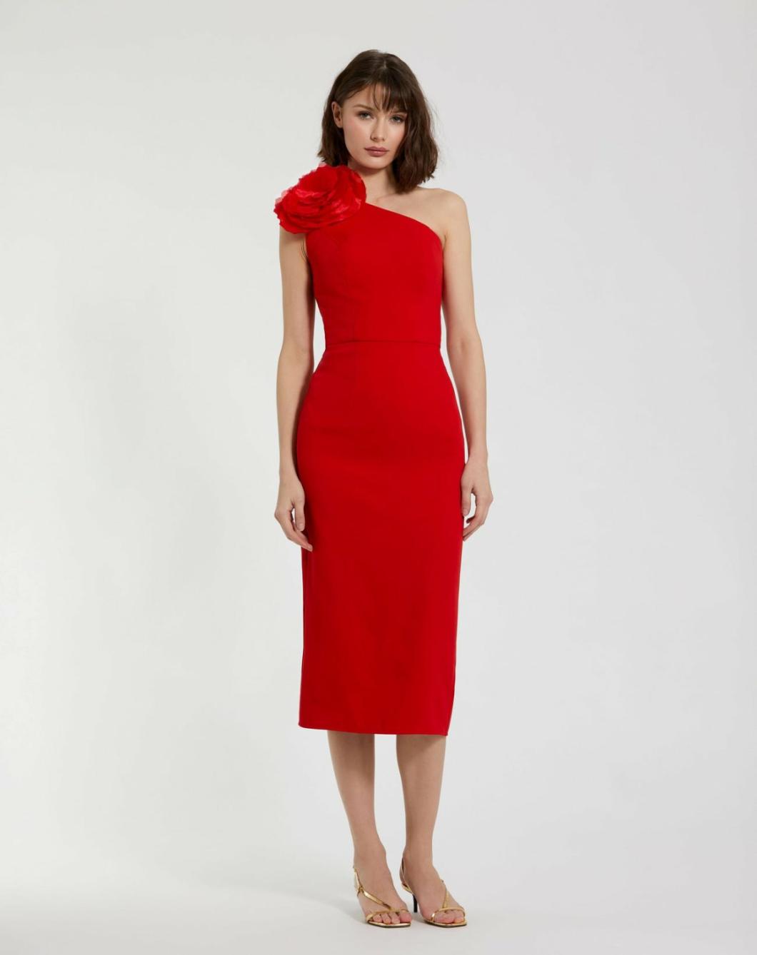 Daytime Dresses | Women Mac Duggal Crepe One Shoulder Midi Dress With Flower Cherry
