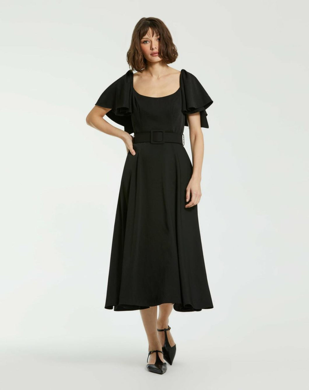 Daytime Dresses | Women Mac Duggal Crepe Ruffle Sleeve Midi Dress With Belt Black