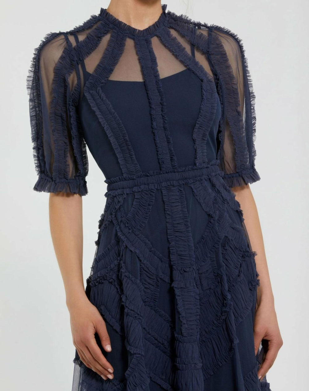 Daytime Dresses | Women Mac Duggal Dark Blue High Neck Micro Ruffle Tiered Midi Dress Midnight