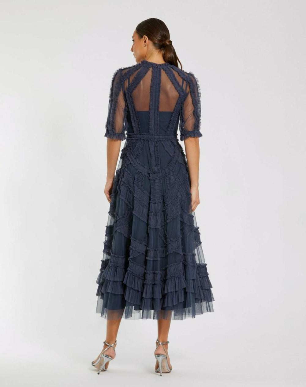 Daytime Dresses | Women Mac Duggal Dark Blue High Neck Micro Ruffle Tiered Midi Dress Midnight