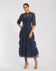 Daytime Dresses | Women Mac Duggal Dark Blue High Neck Micro Ruffle Tiered Midi Dress Midnight