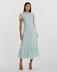 Daytime Dresses | Women Mac Duggal Embellished High Neck Cap Sleeve A Line Dress Powder Blue